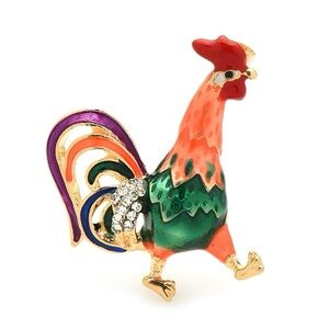 Colorful Rooster Enamel Brooch with Rhinestones